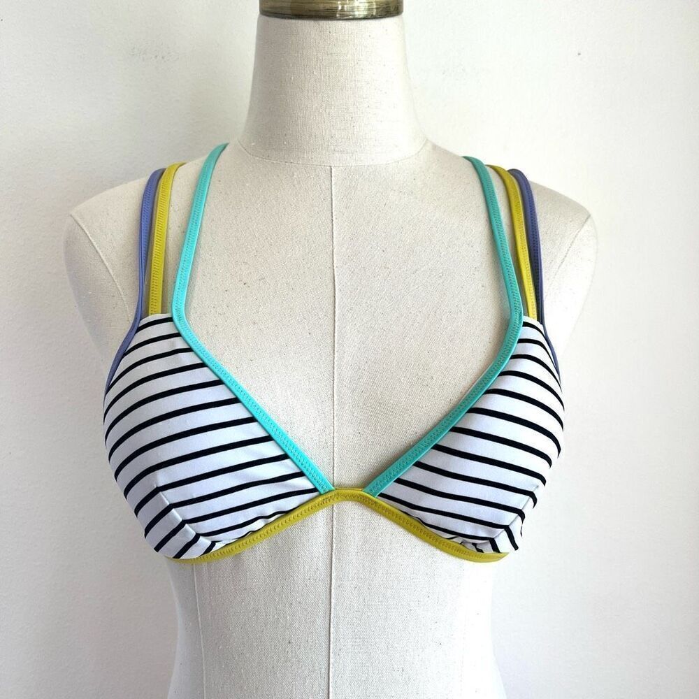 Victoria’s Secret Strappy Striped Bikini Top Size Medium Black White Lavender Ye